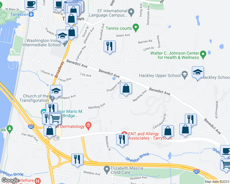 map of restaurants, bars, coffee shops, grocery stores, and more near 353 Martling Avenue in Tarrytown