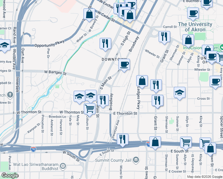 map of restaurants, bars, coffee shops, grocery stores, and more near 631 South Broadway Street in Akron