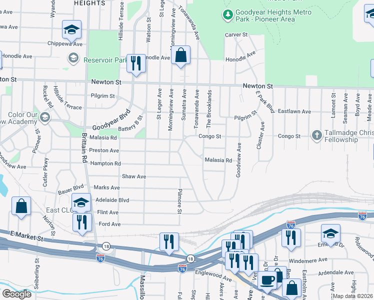 map of restaurants, bars, coffee shops, grocery stores, and more near 1804 Malasia Road in Akron