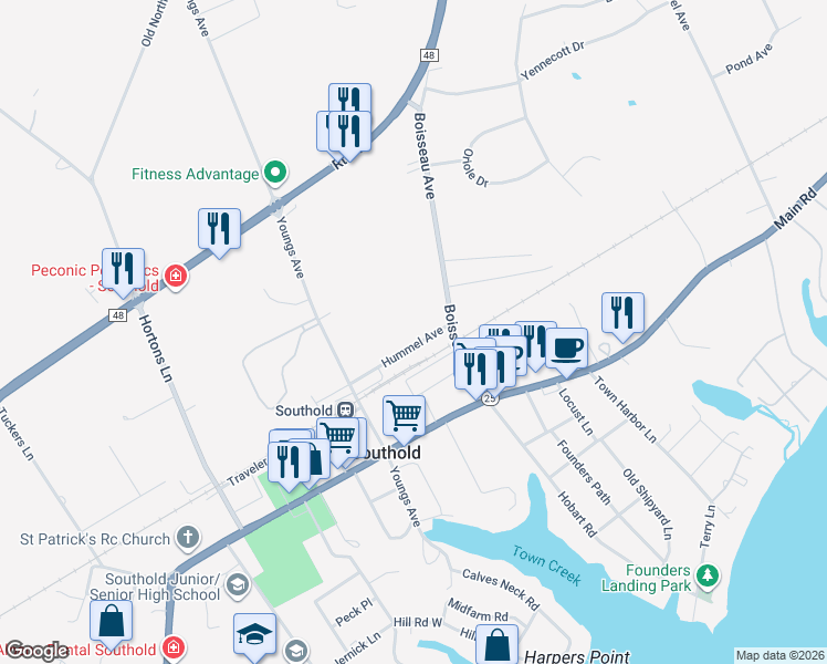 map of restaurants, bars, coffee shops, grocery stores, and more near 685 Hummel Avenue in Southold