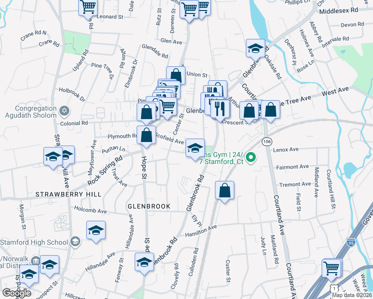 map of restaurants, bars, coffee shops, grocery stores, and more near 12 Oscar Street in Stamford