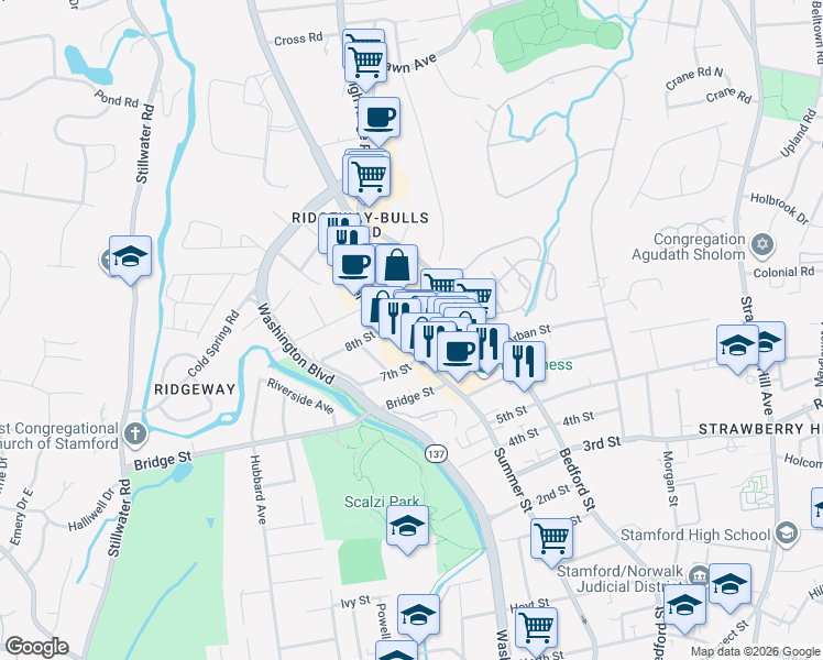 map of restaurants, bars, coffee shops, grocery stores, and more near 2321 Summer Street in Stamford