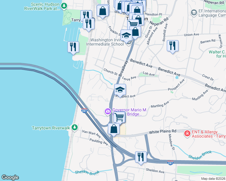 map of restaurants, bars, coffee shops, grocery stores, and more near 240 South Broadway in Tarrytown