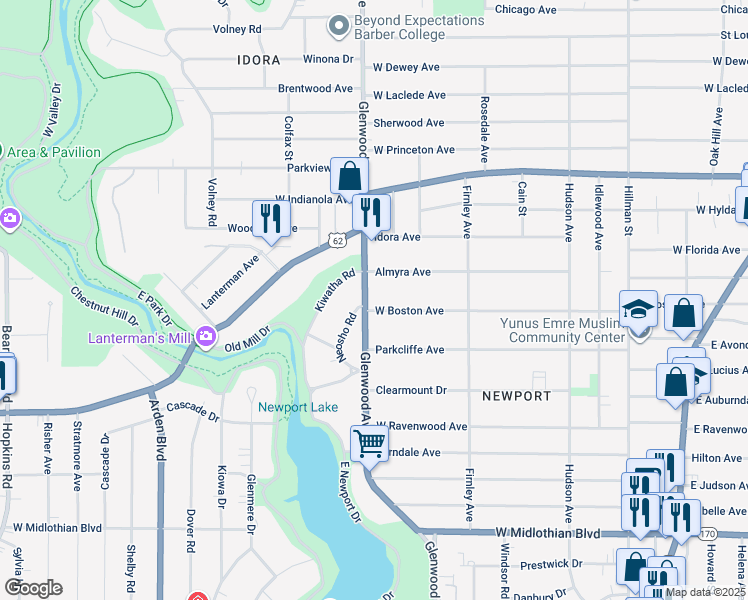 map of restaurants, bars, coffee shops, grocery stores, and more near 640 West Boston Avenue in Youngstown