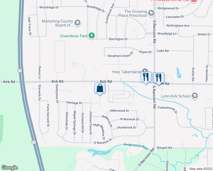 map of restaurants, bars, coffee shops, grocery stores, and more near 4593 Washington Square Drive in Austintown