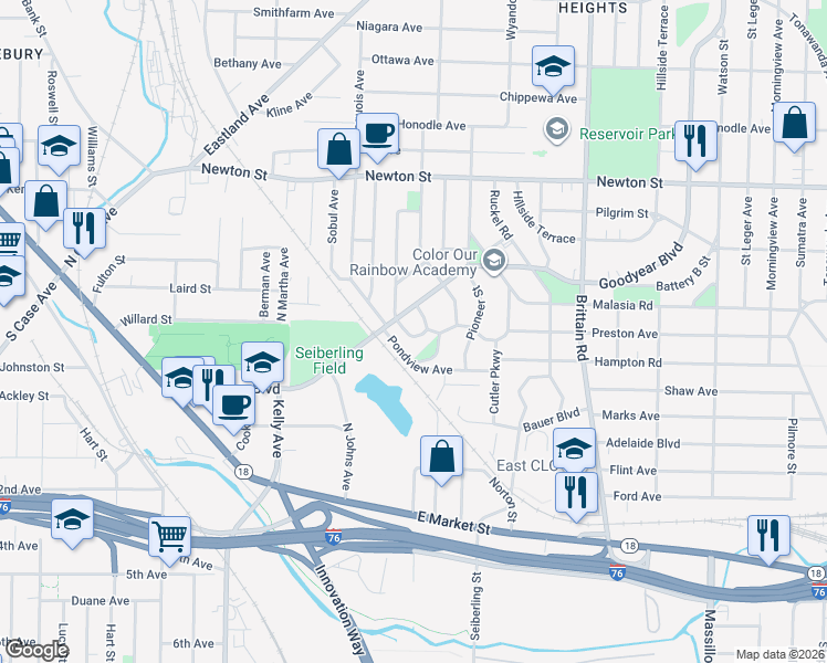 map of restaurants, bars, coffee shops, grocery stores, and more near 170 Colony Crescent in Akron