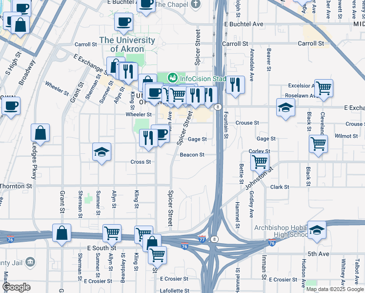 map of restaurants, bars, coffee shops, grocery stores, and more near 467 Spicer Street in Akron