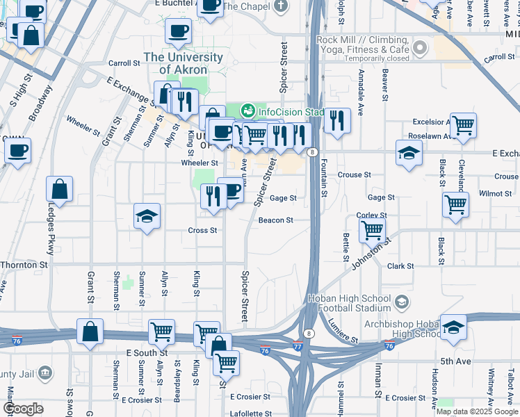 map of restaurants, bars, coffee shops, grocery stores, and more near 467 Spicer Street in Akron