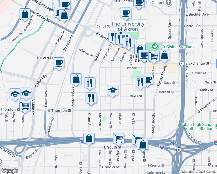 map of restaurants, bars, coffee shops, grocery stores, and more near 541 Sumner Street in Akron