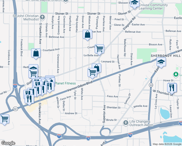 map of restaurants, bars, coffee shops, grocery stores, and more near 1341 Winton Avenue in Akron