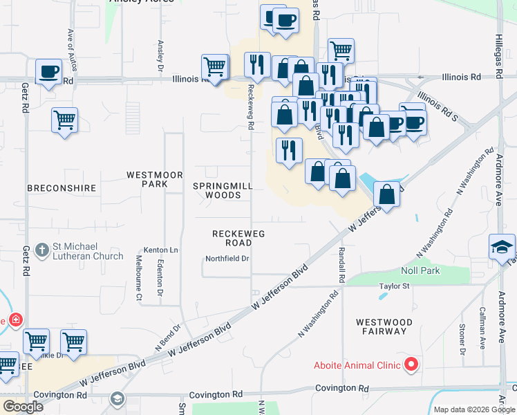 map of restaurants, bars, coffee shops, grocery stores, and more near 4716 Ridgelane Drive in Fort Wayne