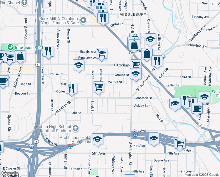 map of restaurants, bars, coffee shops, grocery stores, and more near 1001 Boone Street in Akron