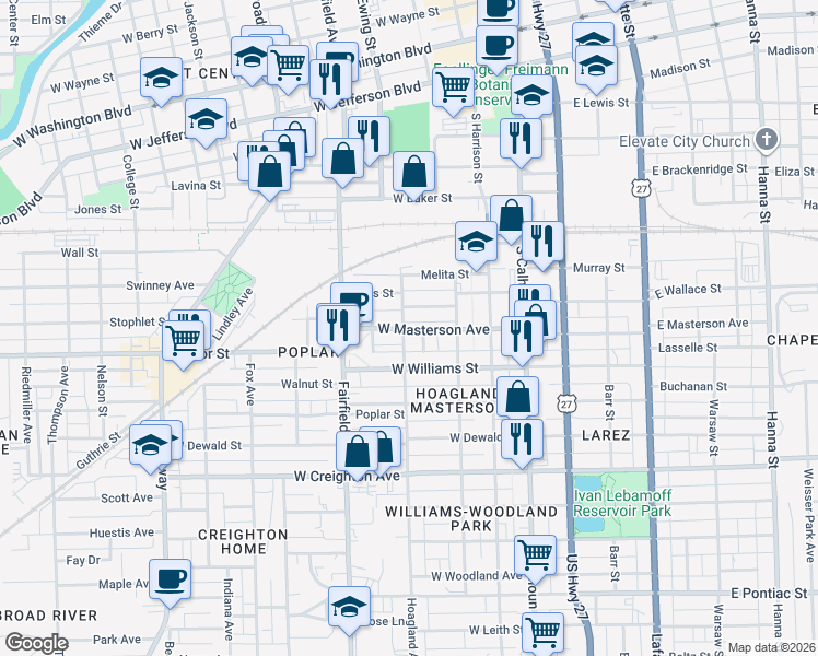 map of restaurants, bars, coffee shops, grocery stores, and more near 407 West Masterson Avenue in Fort Wayne