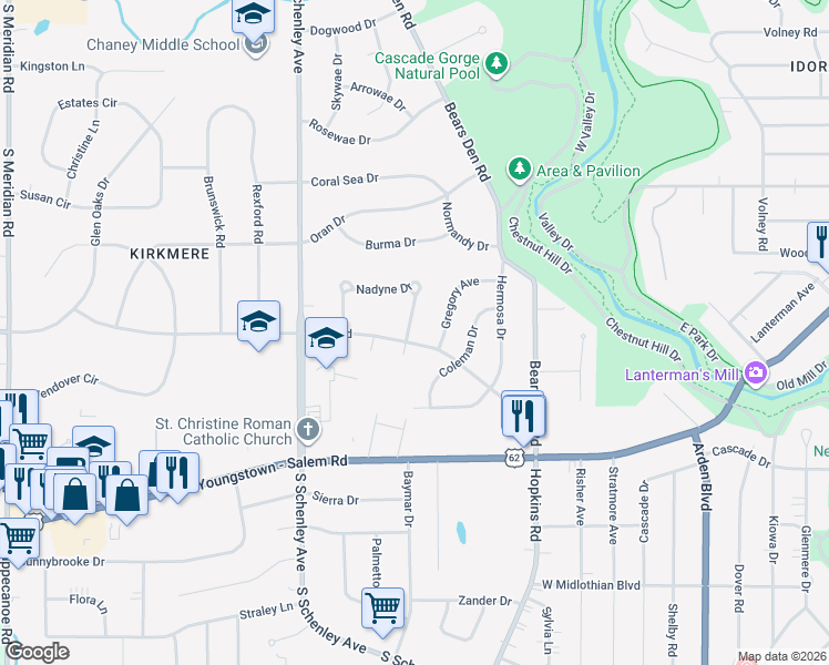 map of restaurants, bars, coffee shops, grocery stores, and more near 2432 Kirk Road in Youngstown