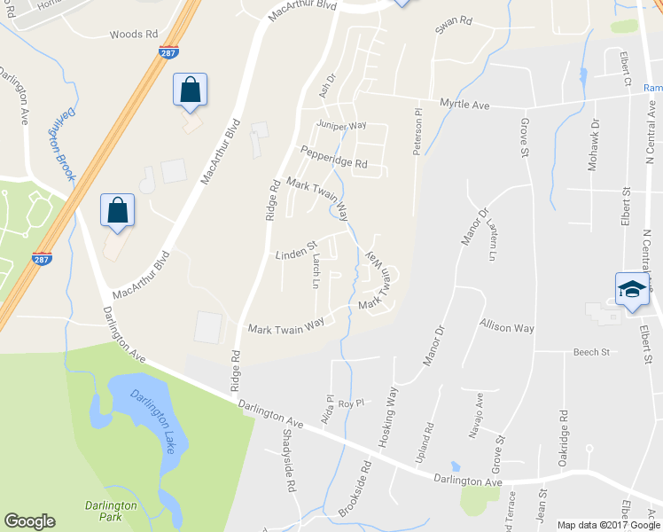 map of restaurants, bars, coffee shops, grocery stores, and more near 1419 Faulkner Court in Mahwah