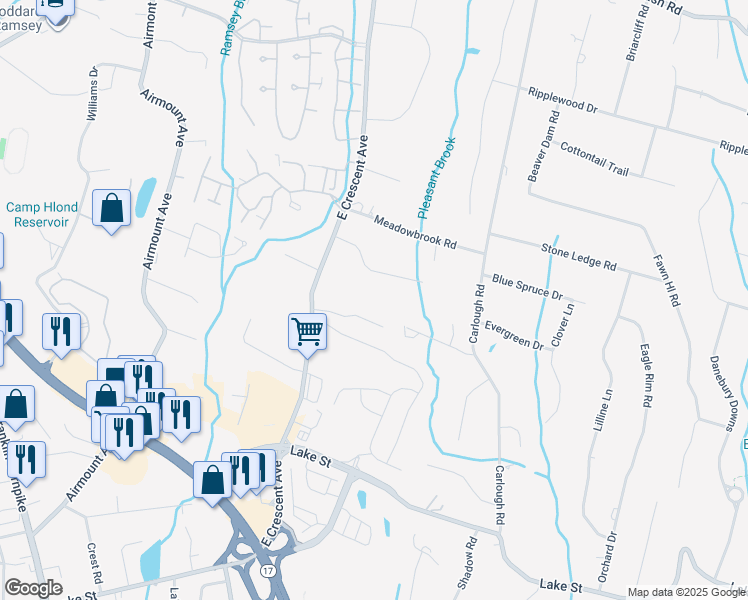 map of restaurants, bars, coffee shops, grocery stores, and more near 672 East Crescent Avenue in Upper Saddle River
