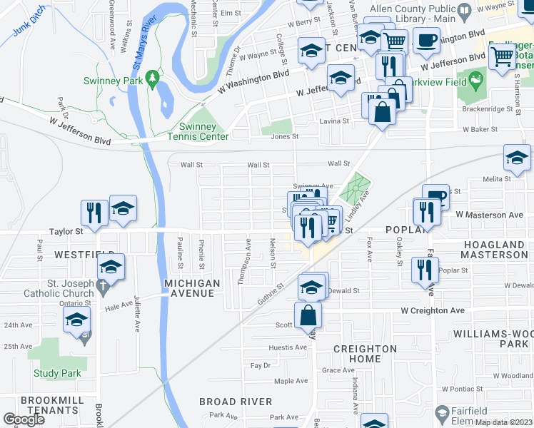 map of restaurants, bars, coffee shops, grocery stores, and more near 1307 Stophlet Street in Fort Wayne