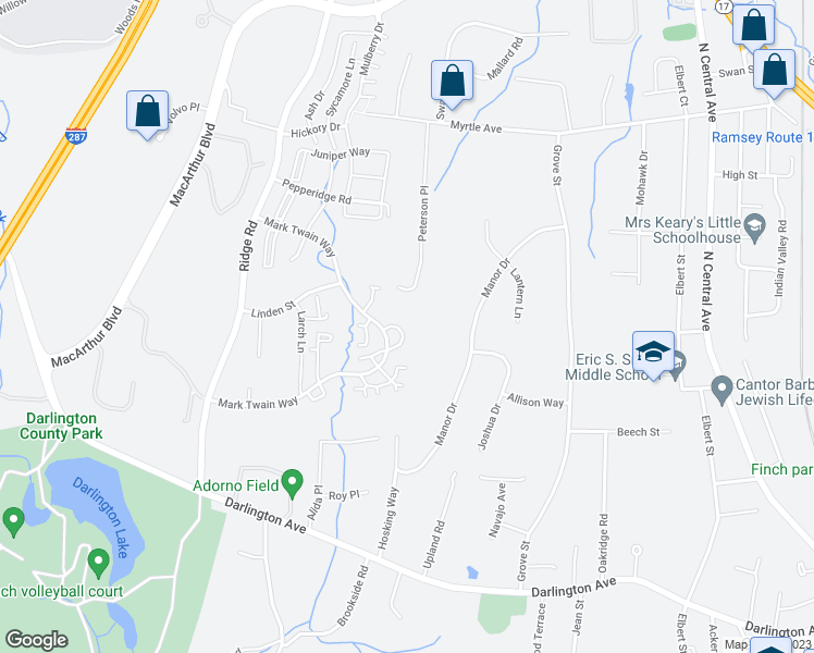 map of restaurants, bars, coffee shops, grocery stores, and more near 3108 Stowe Lane in Mahwah