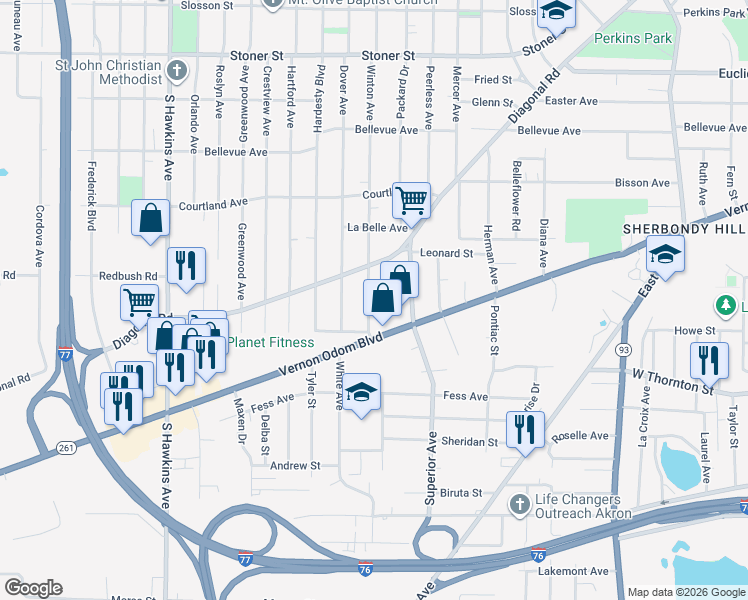 map of restaurants, bars, coffee shops, grocery stores, and more near 1341 Winton Avenue in Akron
