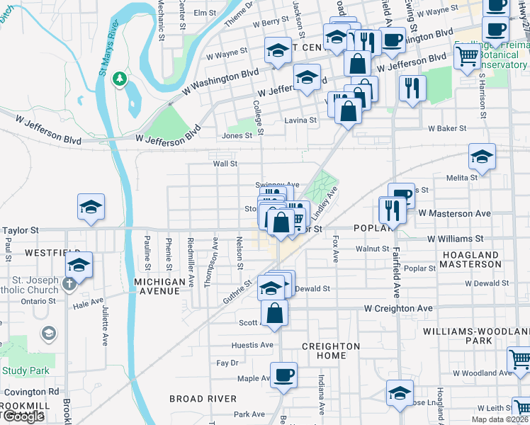 map of restaurants, bars, coffee shops, grocery stores, and more near 1205 Stophlet Street in Fort Wayne