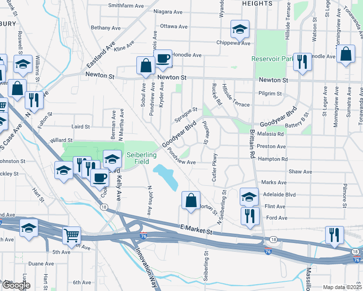 map of restaurants, bars, coffee shops, grocery stores, and more near 170 Colony Crescent in Akron