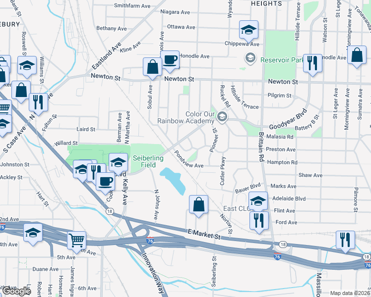 map of restaurants, bars, coffee shops, grocery stores, and more near 170 Colony Crescent in Akron
