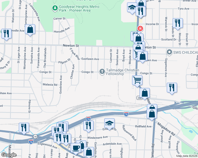 map of restaurants, bars, coffee shops, grocery stores, and more near 369 Newell Avenue in Akron
