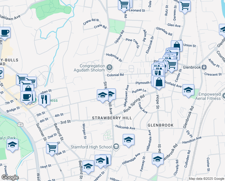 map of restaurants, bars, coffee shops, grocery stores, and more near 237 Strawberry Hill Avenue in Stamford