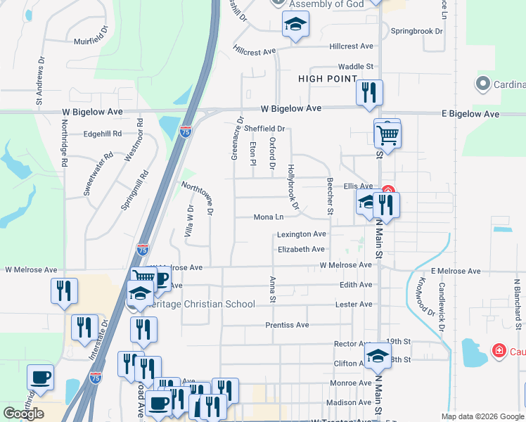map of restaurants, bars, coffee shops, grocery stores, and more near 400 Mona Lane in Findlay
