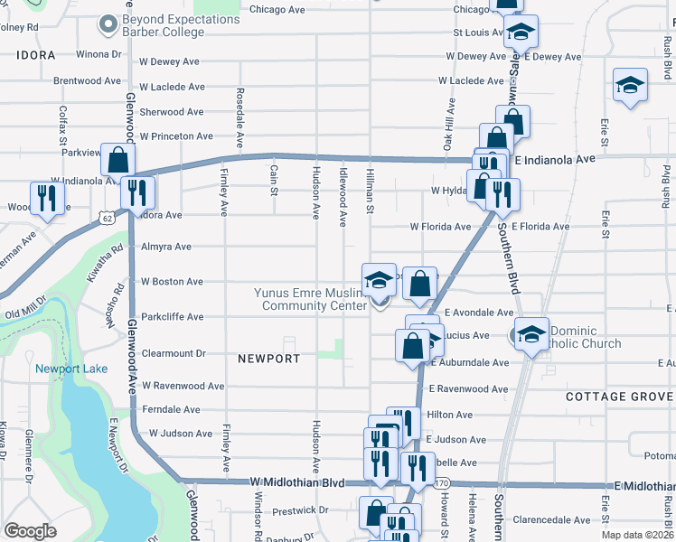 map of restaurants, bars, coffee shops, grocery stores, and more near 3028 Idlewood Avenue in Youngstown