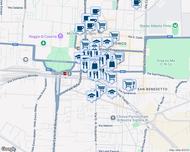 map of restaurants, bars, coffee shops, grocery stores, and more near 28 Via Renato de Martino in Caserta
