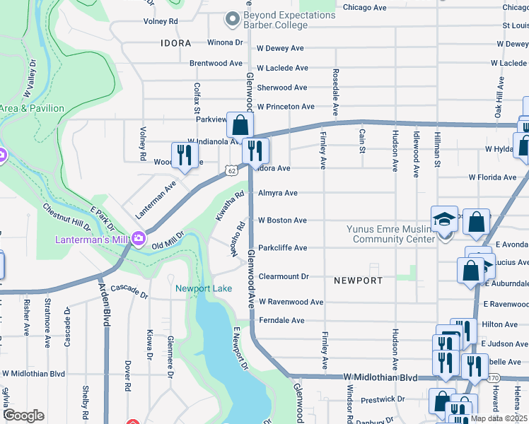 map of restaurants, bars, coffee shops, grocery stores, and more near 640 West Boston Avenue in Youngstown