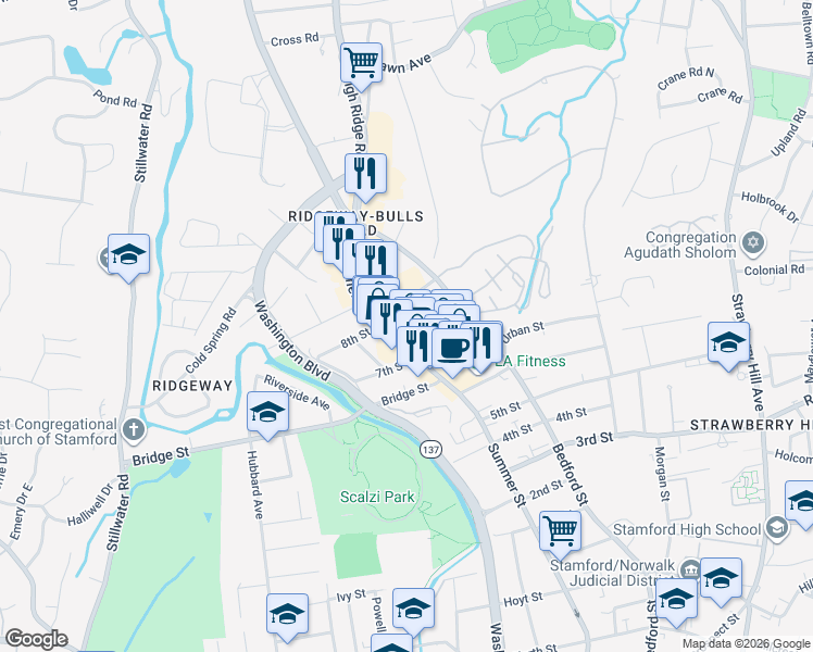 map of restaurants, bars, coffee shops, grocery stores, and more near 2321 Summer Street in Stamford