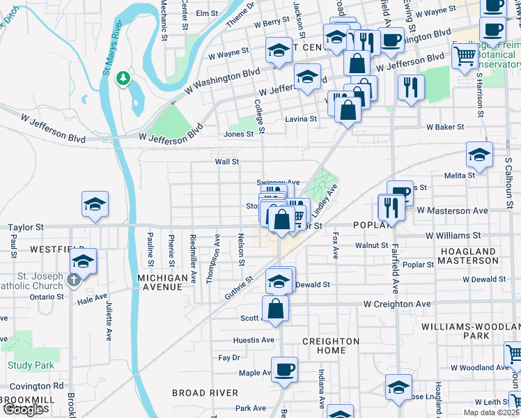 map of restaurants, bars, coffee shops, grocery stores, and more near 1205 Stophlet Street in Fort Wayne