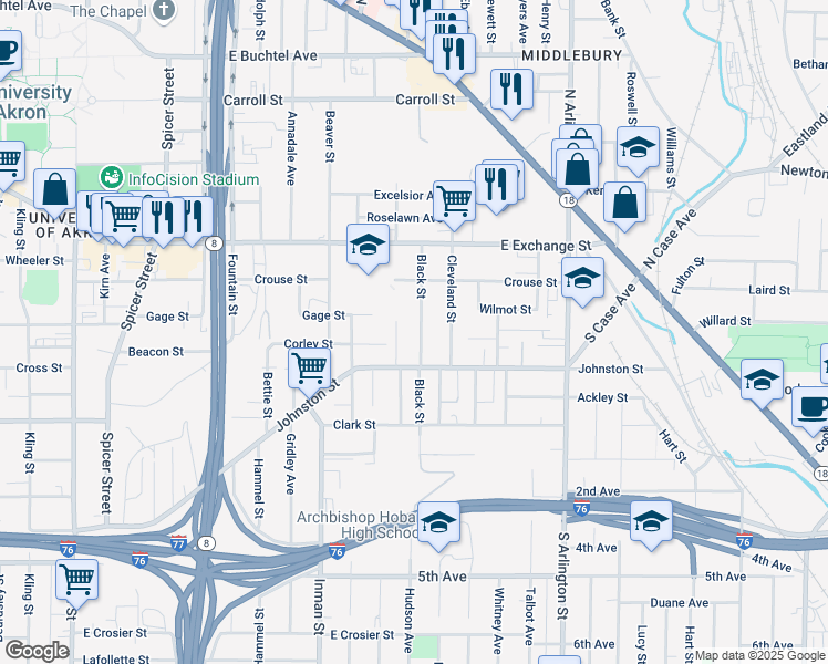 map of restaurants, bars, coffee shops, grocery stores, and more near 364 Black St in Akron