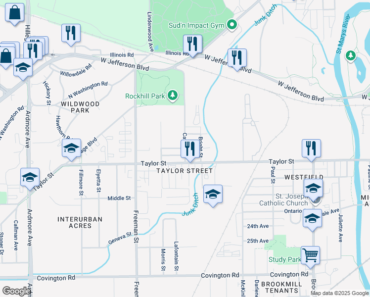 map of restaurants, bars, coffee shops, grocery stores, and more near 2801 Culbertson Street in Fort Wayne