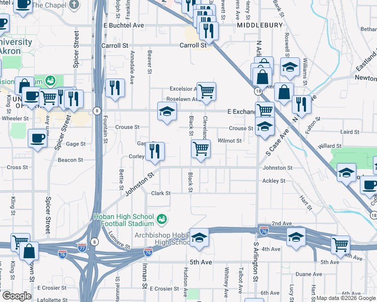 map of restaurants, bars, coffee shops, grocery stores, and more near 364 Black Street in Akron