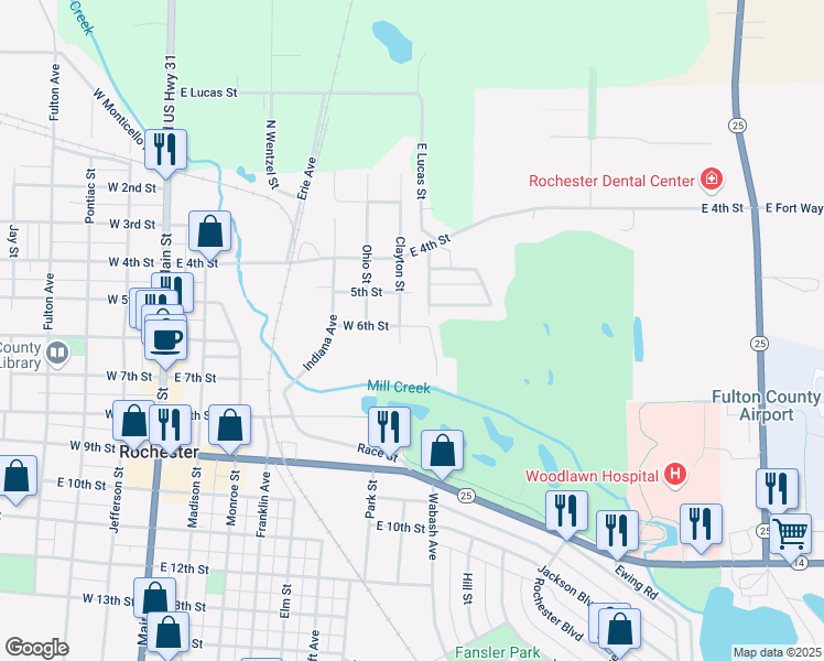 map of restaurants, bars, coffee shops, grocery stores, and more near 601 Clayton Street in Rochester