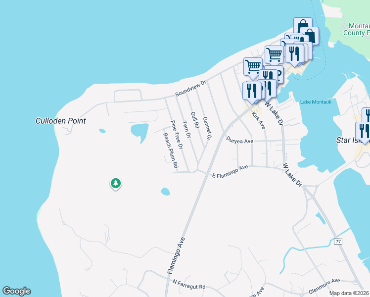 map of restaurants, bars, coffee shops, grocery stores, and more near 65 Pine Tree Drive in Montauk
