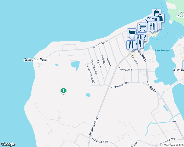 map of restaurants, bars, coffee shops, grocery stores, and more near 65 Pine Tree Drive in Montauk