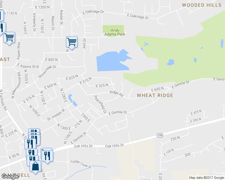 map of restaurants, bars, coffee shops, grocery stores, and more near 1621 Ridge Road in Layton