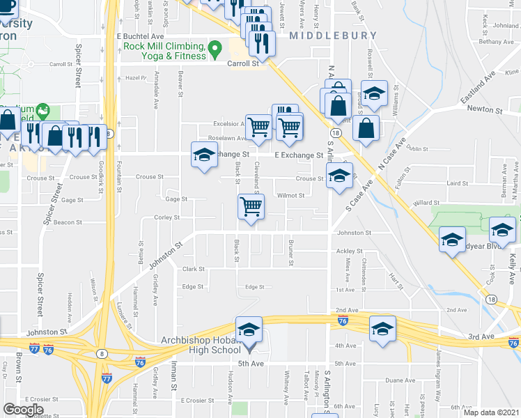 map of restaurants, bars, coffee shops, grocery stores, and more near 363 Cleveland Street in Akron
