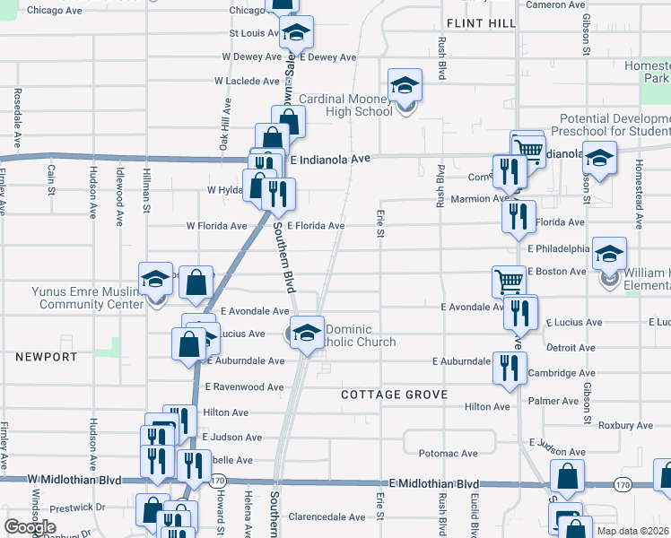 map of restaurants, bars, coffee shops, grocery stores, and more near 104 East Boston Avenue in Youngstown