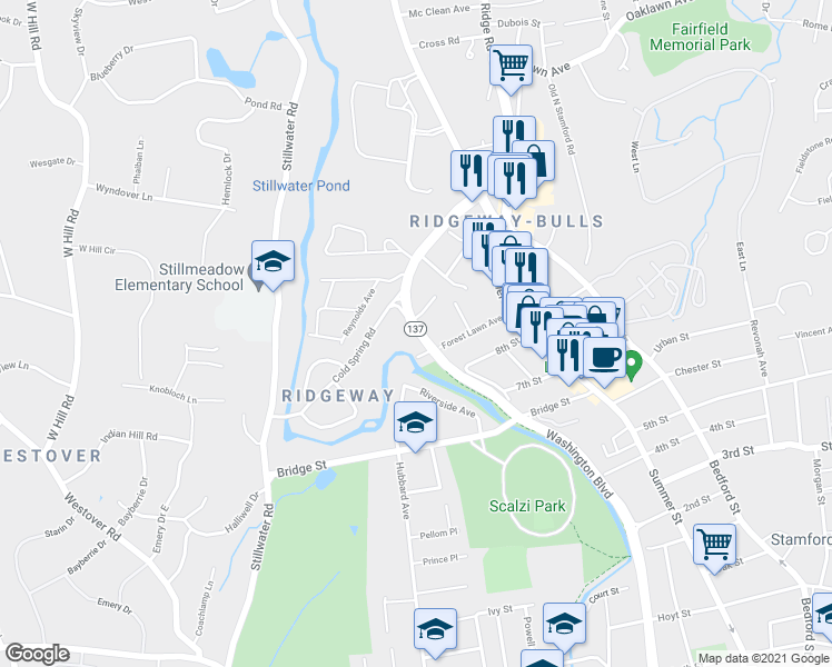 map of restaurants, bars, coffee shops, grocery stores, and more near 2355 Washington Boulevard in Stamford