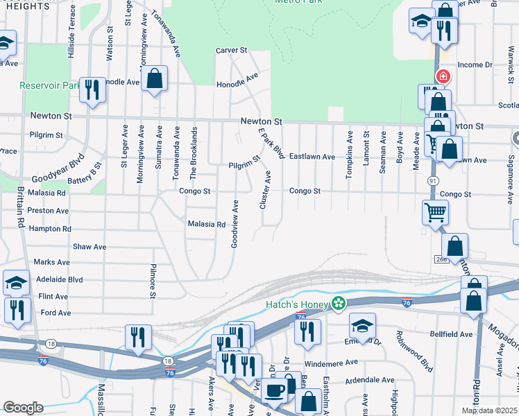 map of restaurants, bars, coffee shops, grocery stores, and more near 302 Cluster Avenue in Akron