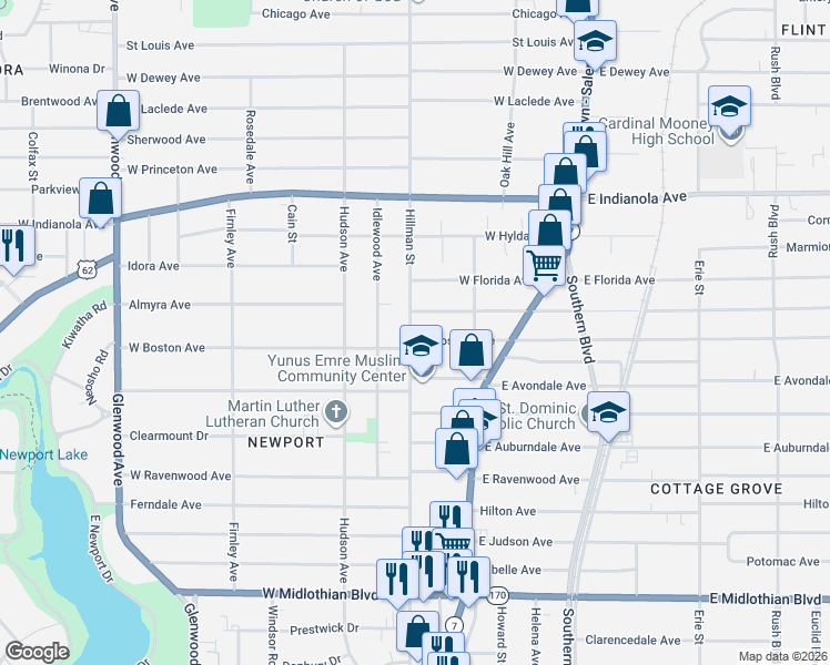 map of restaurants, bars, coffee shops, grocery stores, and more near 160 West Boston Avenue in Youngstown