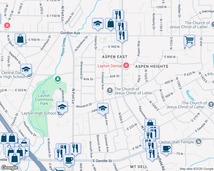 map of restaurants, bars, coffee shops, grocery stores, and more near 748 East 600 North in Layton