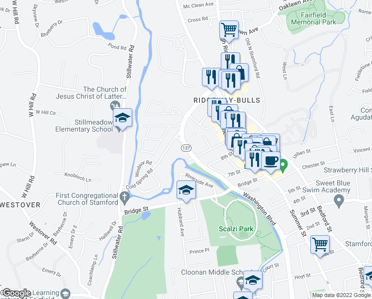 map of restaurants, bars, coffee shops, grocery stores, and more near 2355 Washington Boulevard in Stamford