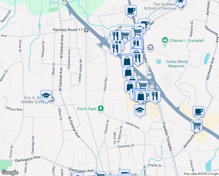 map of restaurants, bars, coffee shops, grocery stores, and more near 62 Regency Park in Ramsey