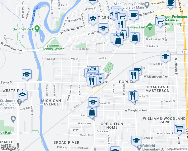 map of restaurants, bars, coffee shops, grocery stores, and more near 1904 Broadway in Fort Wayne